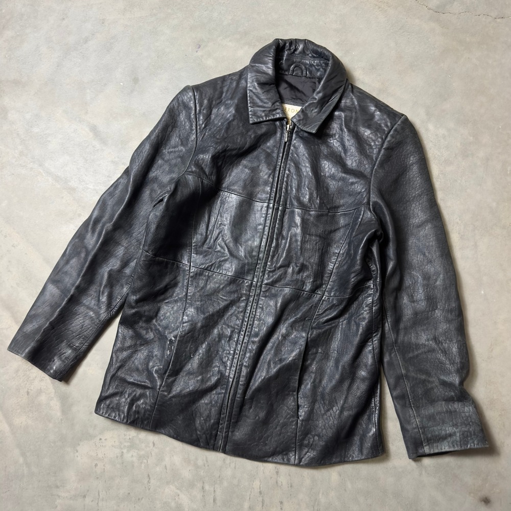 Vintage Merona Leather Zip Up Jacket Womens Medium Black Grunge Y2K Streetwear